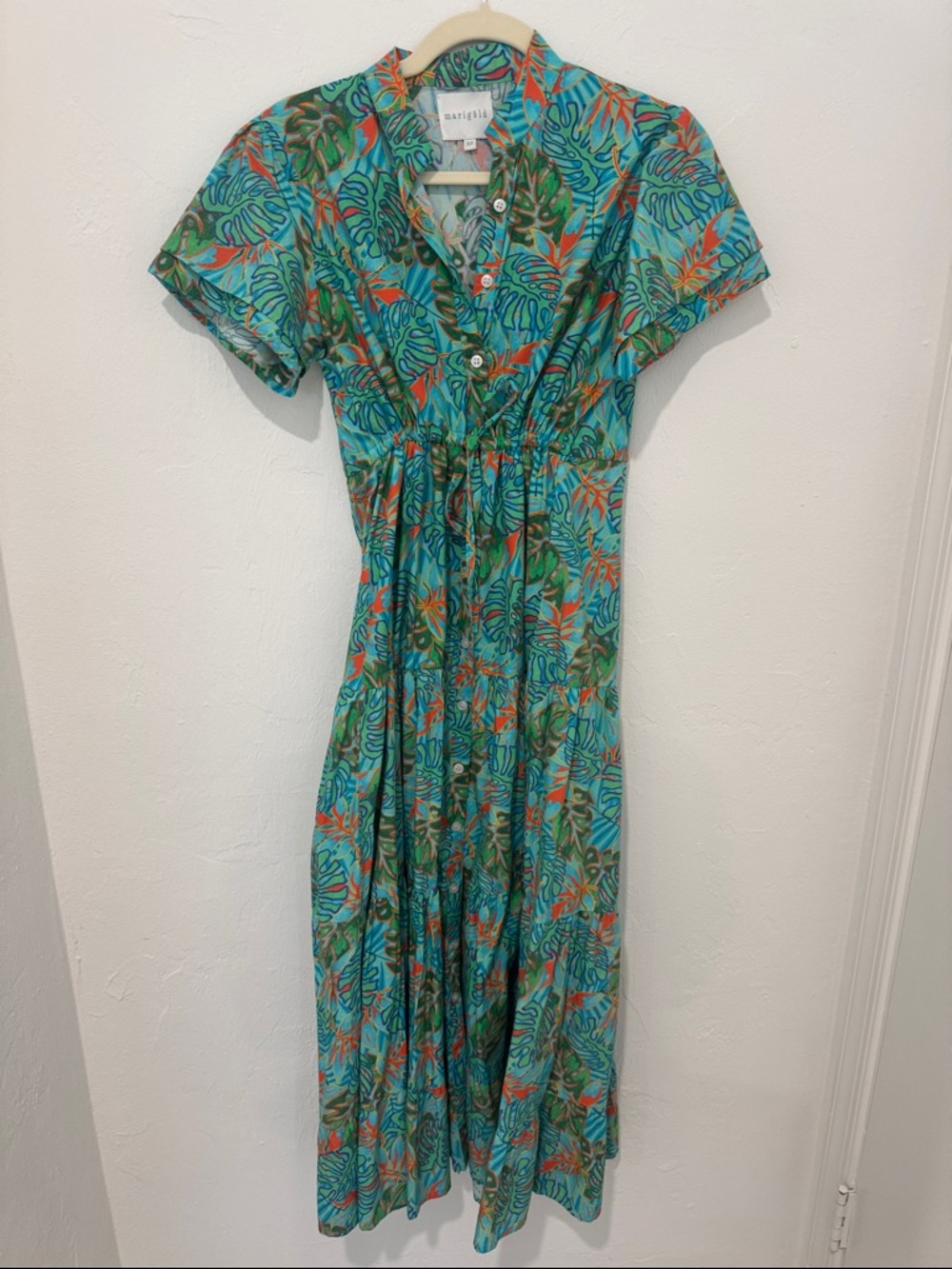 Marigold Teal Tropical-Print Midi Dress with Button Front